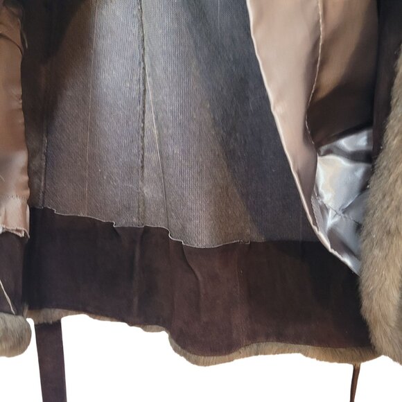 Luxurious Faux Fur & Leather Belted Coat Jacket Made In England - Picture 13 of 16